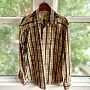 Lucky Brand Western Plaid Shirt Mens XL Snap Button Cotton Brown